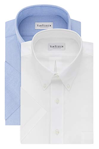 Heusen Men's Short Sleeve Dress Shirt Regular Fit Oxford Solid