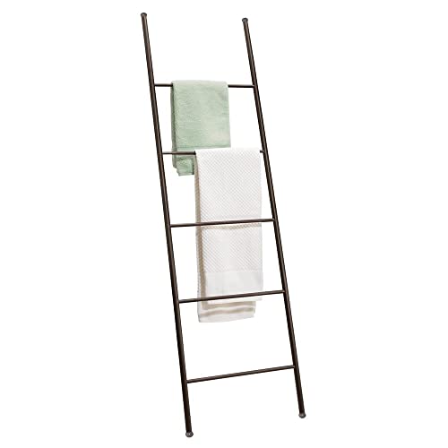 mDesign Metal Free Standing Bath Towel Blanket Ladder Storage Organization, Rack for Bathroom, Bedroom, Laundry Room - White