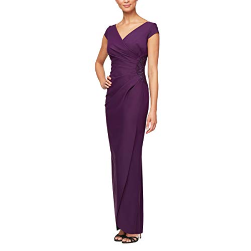 Evenings Women's Slimming Long Cap Sleeve Dress with Side Beaded Detail