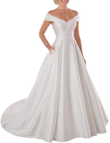 Wedding Dress Long Off The Shoulder Satin Bridal Gowns with Pockets
