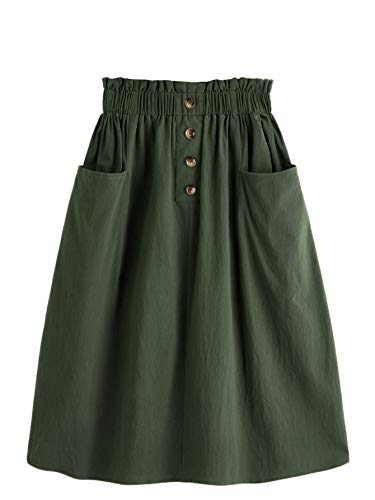 Women's Casual Paper Bag Waist A Line Pleated Midi Skirt with Pockets