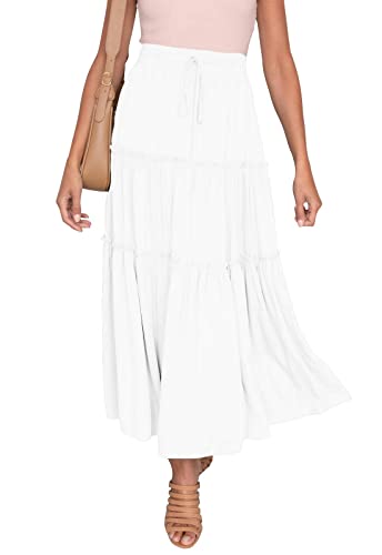 Women's Boho Elastic High Waist A Line Ruffle Swing Beach Maxi Skirt with Pockets