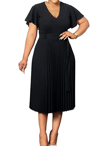 Women's Elegant Wear to Work Belted Pleated Flared Short Sleeve V Neck Casual Midi Dress for Cocktail Party