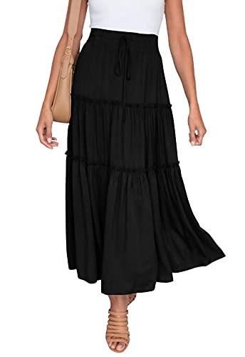 Women's Boho Elastic High Waist A Line Ruffle Swing Beach Maxi Skirt with Pockets