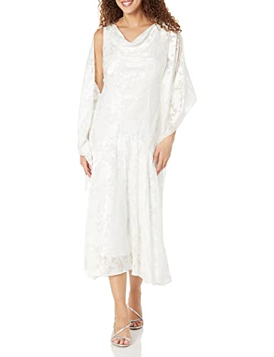 Evenings Women's Tea Length Printed Chiffon Dress with Shawl