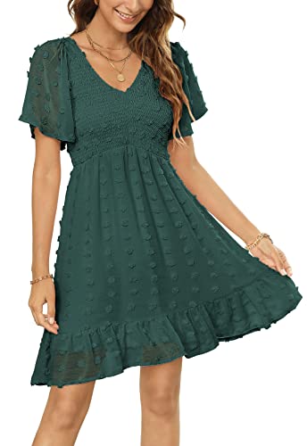 Womens Smocked Flutter Sleeve V Neck Ruffle Mini Swiss Dot Babydoll Dress