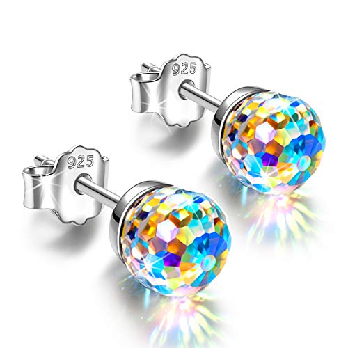 "Fantastic World" Crystal Earrings for Women Girls, 925 Sterling Silver Stud Earrings, Hypoallergenic Earrings for Sensitive Ears, 6MM