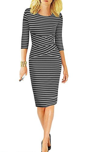 Women 3/4 Sleeve Striped Wear to Work Business Cocktail Pencil Dress