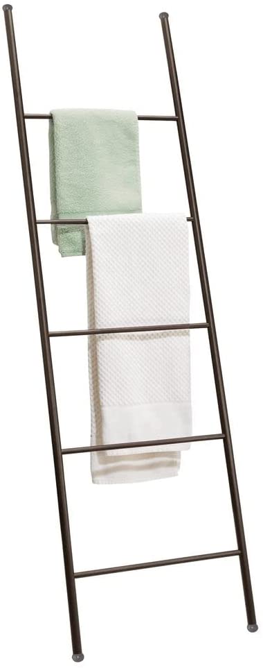 mDesign Metal Free Standing Bath Towel Blanket Ladder Storage Organization, Rack for Bathroom, Bedroom, Laundry Room - White