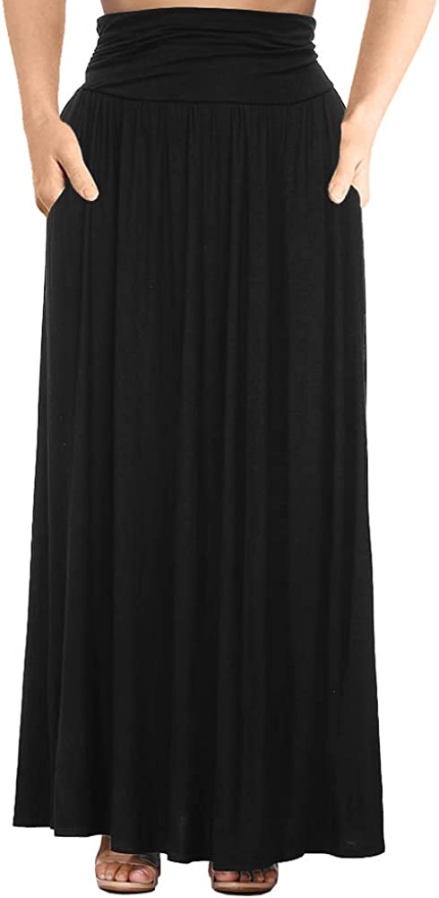 Women's Plus Size Shirring High Waist Pleated Long Maxi Skirt with Pockets