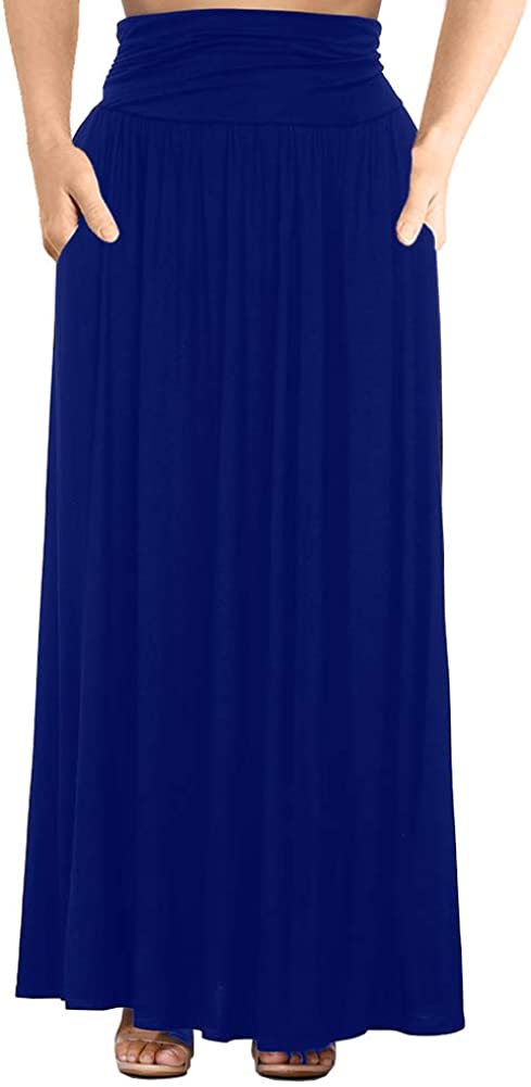 Women's Plus Size Shirring High Waist Pleated Long Maxi Skirt with Pockets