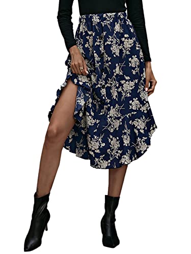 Women's Floral Print Button Front Ruffle Hem High Waist A Line Midi Skirts
