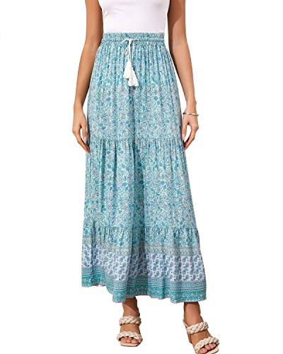 Women's Boho Maxi Skirts Elastic Waist A Line Flowy Tiered Button Split Floral Skirt