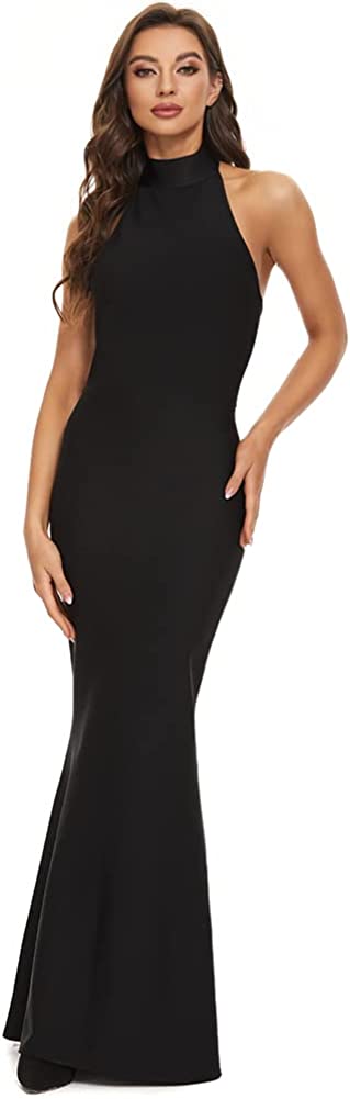 Women's Sleeveless V Neck Split Bandage Long Wedding Guest Evening Party Formal Dress