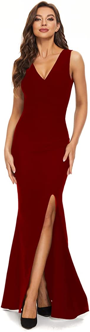 Women's Sleeveless V Neck Split Bandage Long Wedding Guest Evening Party Formal Dress