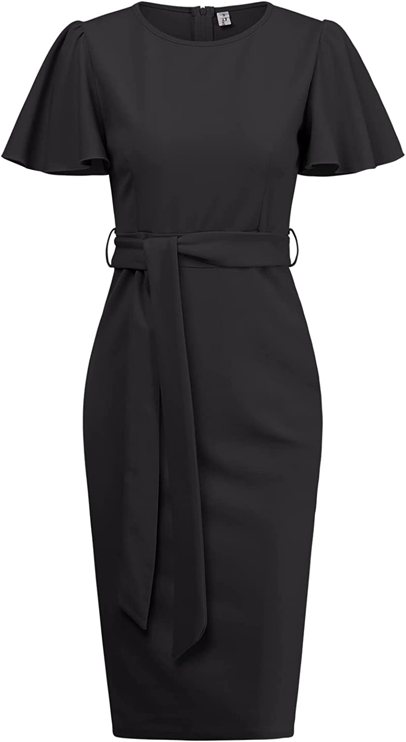 Women Ruffle Sleeve Wear to Work Dress Casual Bodycon Dress Round Neck Office Formal Dresses
