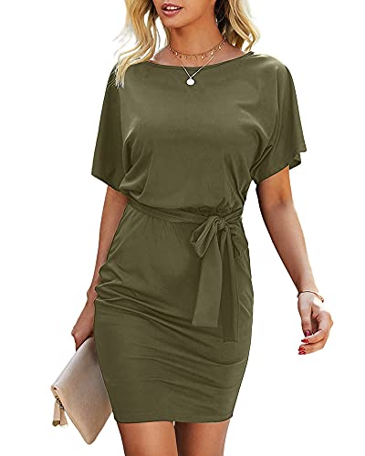 Women's Short Sleeve T Shirt Dresses Crewneck Tie Waist Work Office Bodycon Mini Dress