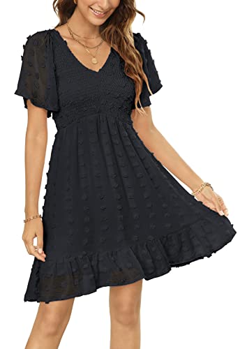 Womens Smocked Flutter Sleeve V Neck Ruffle Mini Swiss Dot Babydoll Dress
