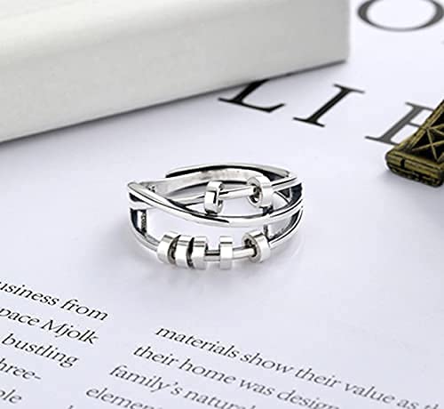 2Pcs Anti Anxiety Rings For Women Men, Fidget Band Ring with Beads Spinner Rings for Anxiety, Unisex Adjustable Stacking Spinning Worry Ring Size 6-10 (Silver)