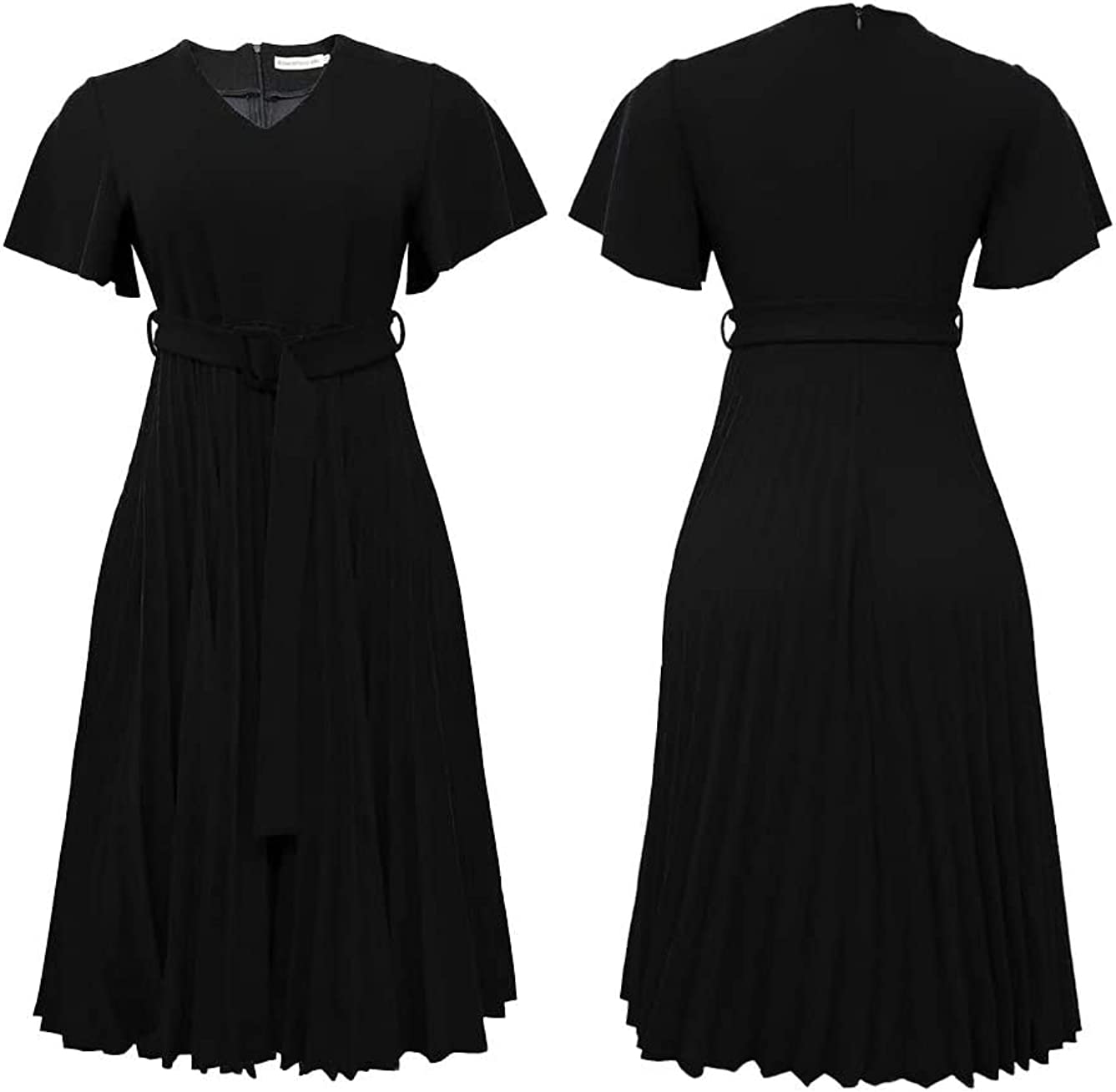 Women's Elegant Wear to Work Belted Pleated Flared Short Sleeve V Neck Casual Midi Dress for Cocktail Party