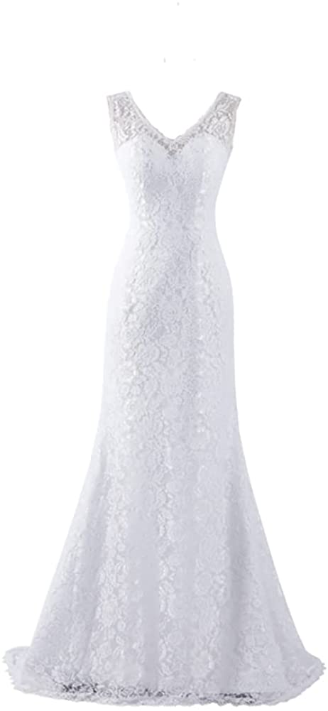 Women's Double V-Neck Bridal Gowns Lace Beach Wedding Dress