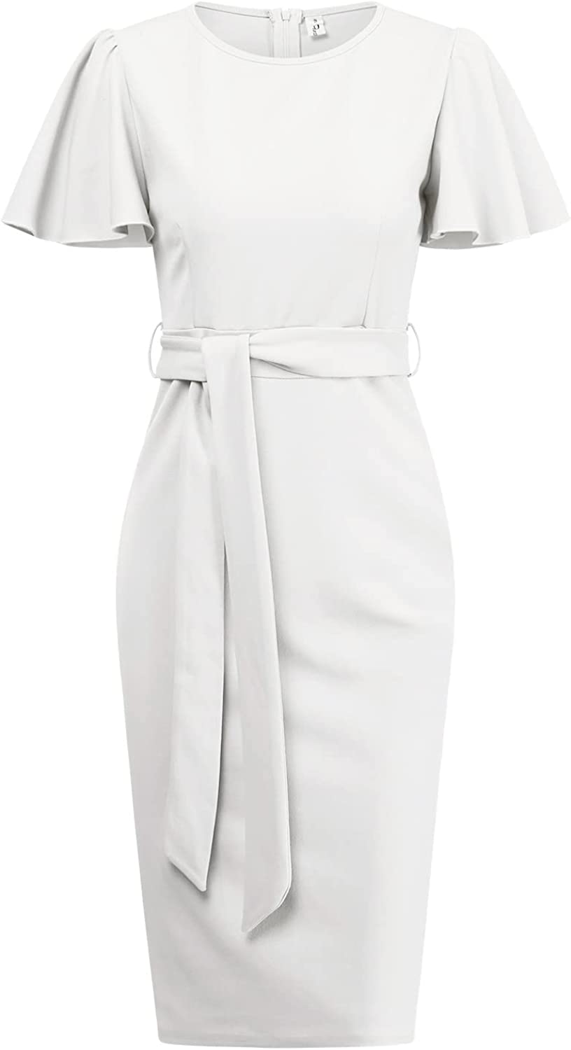 Women Ruffle Sleeve Wear to Work Dress Casual Bodycon Dress Round Neck Office Formal Dresses