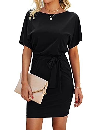Women's Short Sleeve T Shirt Dresses Crewneck Tie Waist Work Office Bodycon Mini Dress