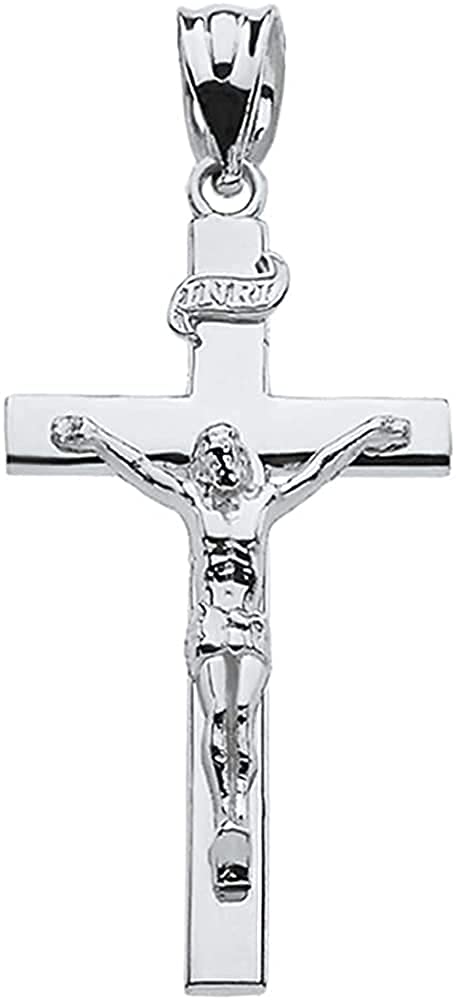 .925 Sterling Silver Linear Cross INRI Crucifix Charm Pendant Religious Jewelry - Choice of Size (S-L)