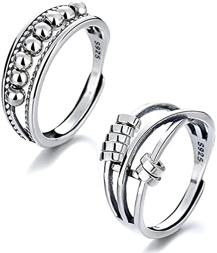 2Pcs Anti Anxiety Rings For Women Men, Fidget Band Ring with Beads Spinner Rings for Anxiety, Unisex Adjustable Stacking Spinning Worry Ring Size 6-10 (Silver)