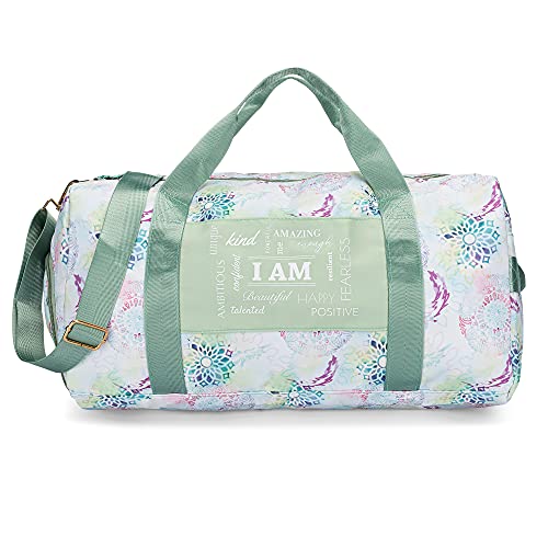 Bag for Women with Shoe Compartment and Wet Pocket | Lightweight Gym Duffle with Motivational Quote and Graphic Designs | Great for Working Out, Travel, and Overnights | Black/Rose - Diamond
