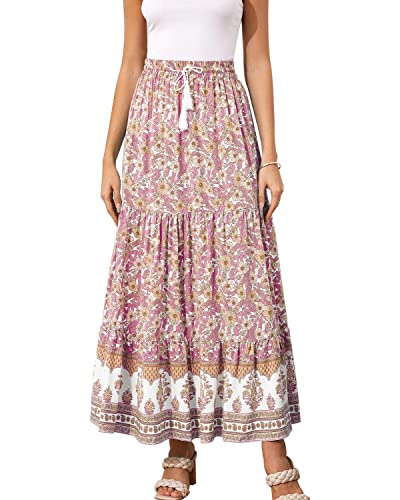 Women's Boho Maxi Skirts Elastic Waist A Line Flowy Tiered Button Split Floral Skirt