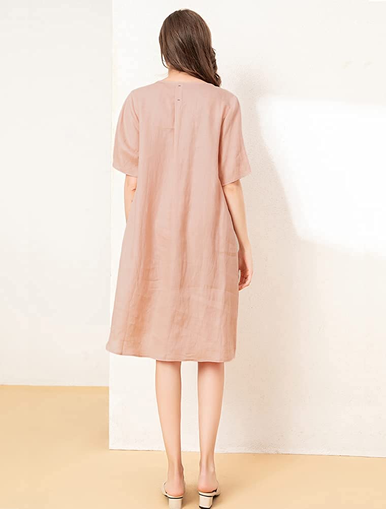 Women's Linen Tunic Dresses V-Neck Baggy Midi Dress Hi-Low Tops