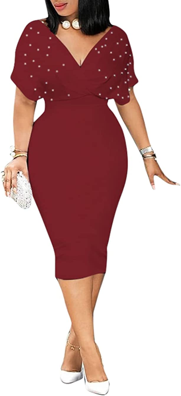 Women's Elegant Wear to Work Belted Pleated Flared Short Sleeve V Neck Casual Midi Dress for Cocktail Party