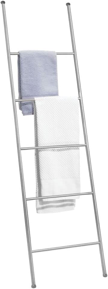 mDesign Metal Free Standing Bath Towel Blanket Ladder Storage Organization, Rack for Bathroom, Bedroom, Laundry Room - White