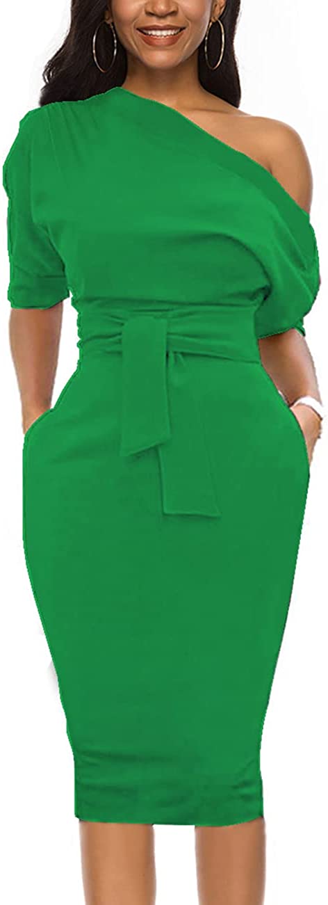 Womens Wear to Work Casual one Shoulder Belted Pencil Dress with Pockets