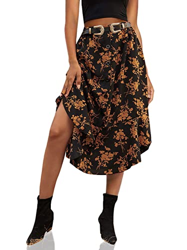 Women's Floral Print Button Front Ruffle Hem High Waist A Line Midi Skirts