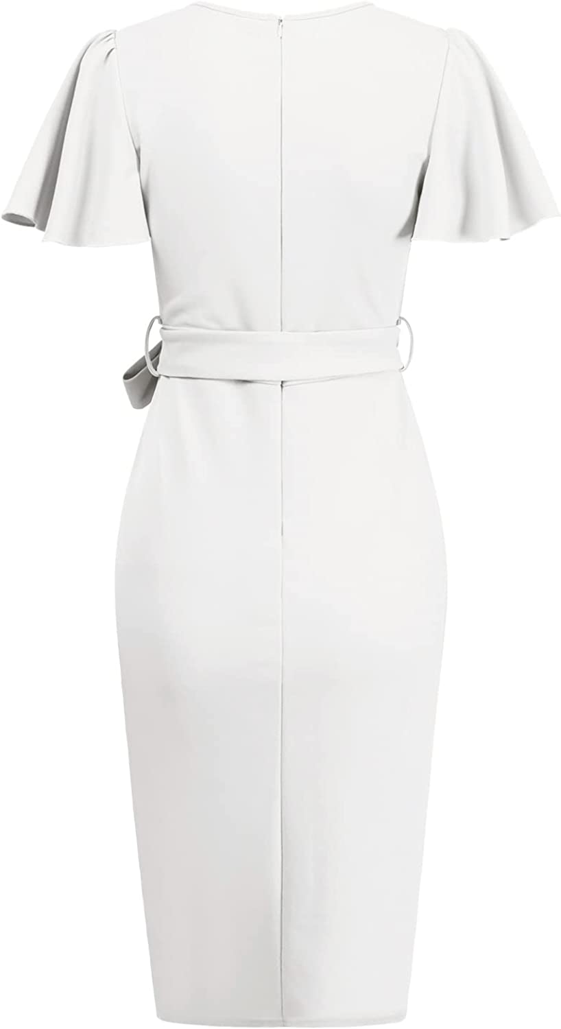 Women Ruffle Sleeve Wear to Work Dress Casual Bodycon Dress Round Neck Office Formal Dresses