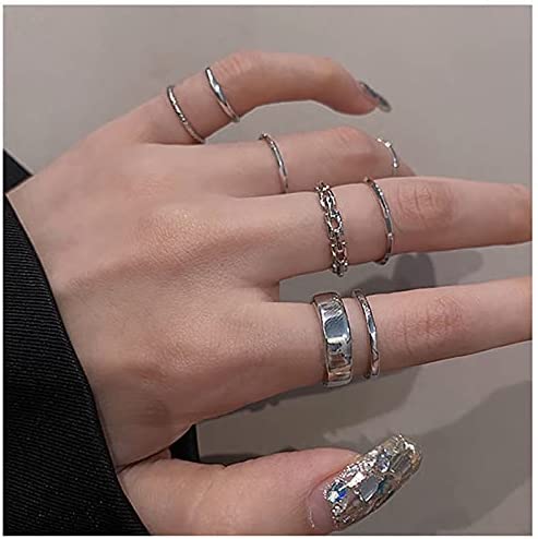 Gothic Punk Chain Finger Rings Set, 17PCS Adjustable Stackable Vintage Silver Emo Rings for Women Men Girls ,Smiley Cross Butterfly Knuckle Rings
