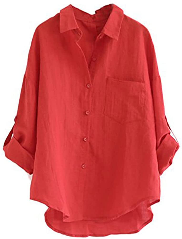 Women's Linen Blouse High Low Shirt Roll-Up Sleeve Tops