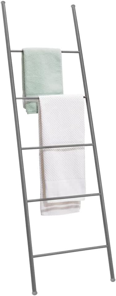 mDesign Metal Free Standing Bath Towel Blanket Ladder Storage Organization, Rack for Bathroom, Bedroom, Laundry Room - White