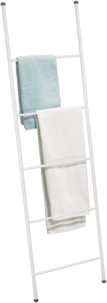 mDesign Metal Free Standing Bath Towel Blanket Ladder Storage Organization, Rack for Bathroom, Bedroom, Laundry Room - White
