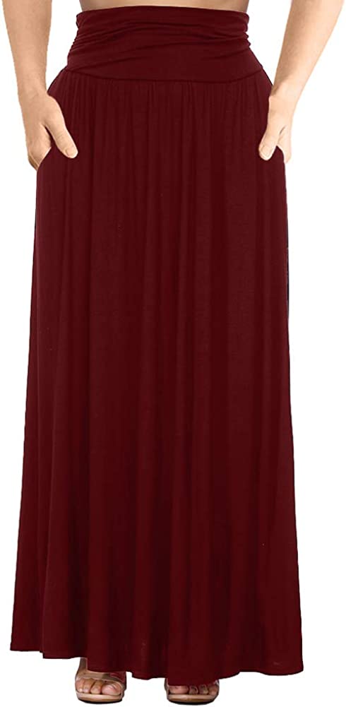 Women's Plus Size Shirring High Waist Pleated Long Maxi Skirt with Pockets