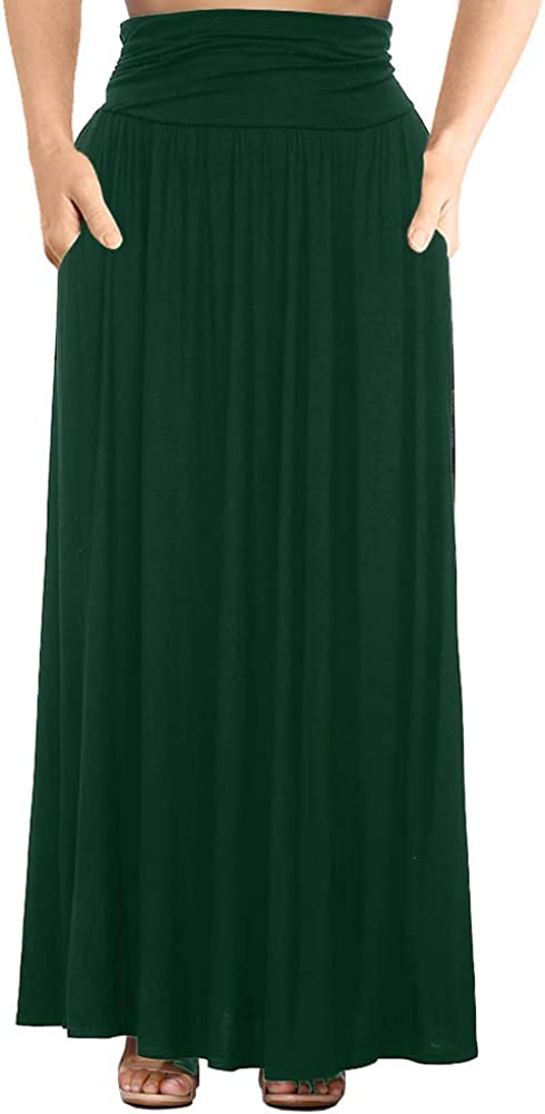 Women's Plus Size Shirring High Waist Pleated Long Maxi Skirt with Pockets