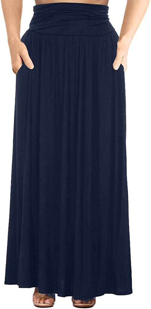 Women's Plus Size Shirring High Waist Pleated Long Maxi Skirt with Pockets