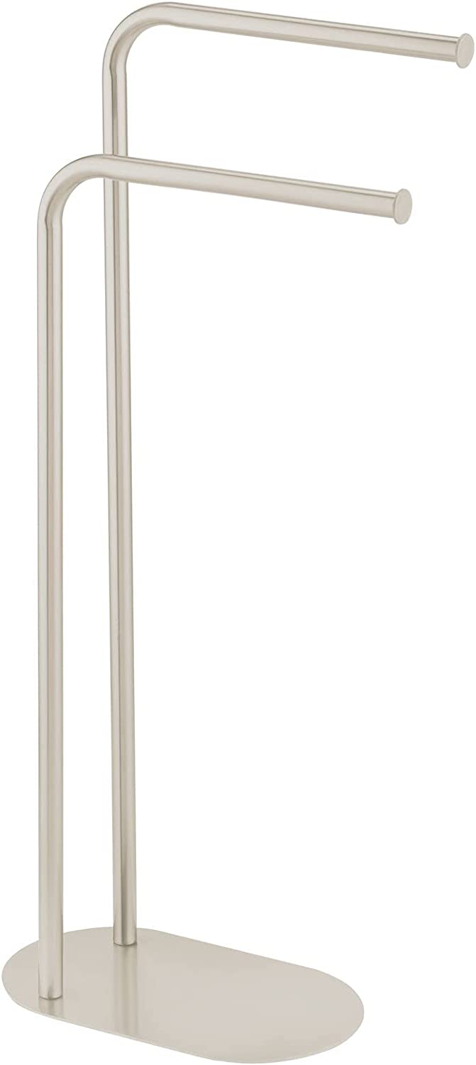 mDesign Tall Modern Metal Towel Rack Holder - 2 Tier Organizer for Bathroom Storage and Organization Next to Tub or Shower, Holds Bath & Hand Towels, Washcloths - Satin