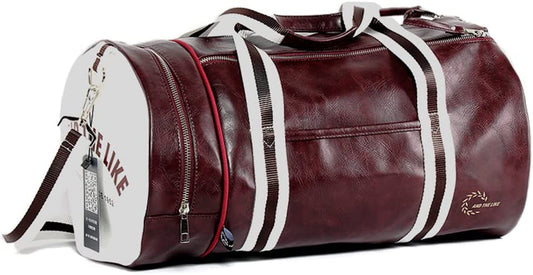 Leather Gym Sports Bag Retro Style Travel Duffel Bag, Cool Cylinder Waterproof Weekender Overnight Fitness Bag with Shoe Compartment & Wet Pocket for Men Women ( Claret Red )