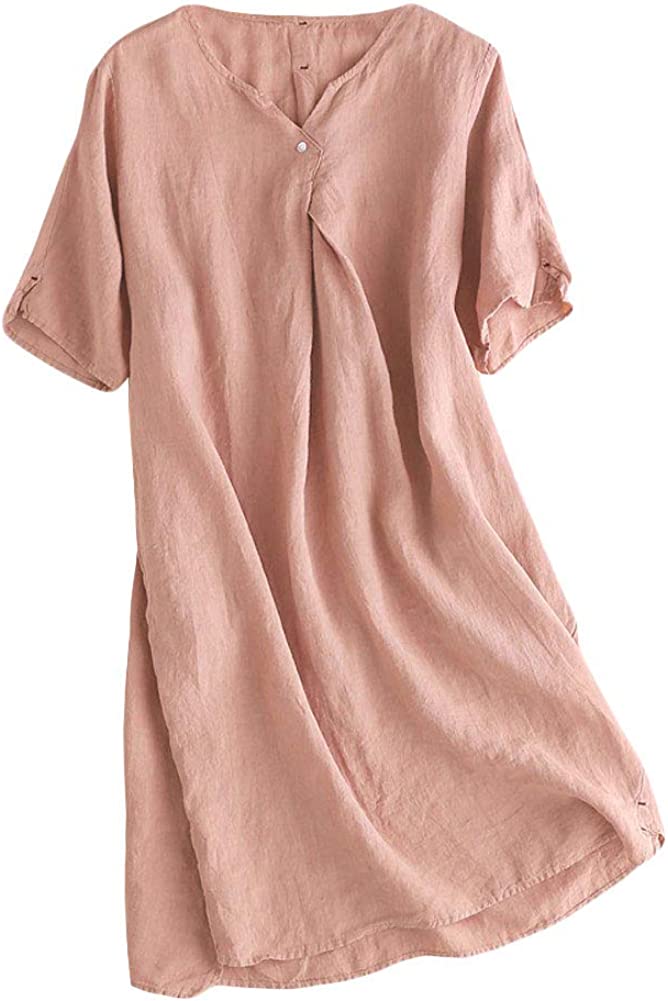 Women's Linen Tunic Dresses V-Neck Baggy Midi Dress Hi-Low Tops