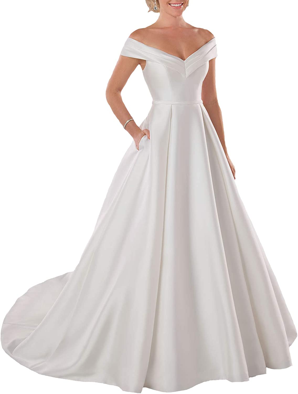 Wedding Dress Long Off The Shoulder Satin Bridal Gowns with Pockets