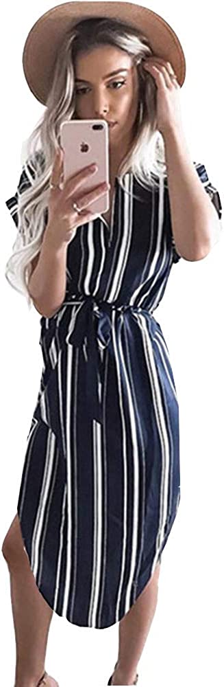 Womens Midi Dresses Summer V-Neck Short Sleeve Casual Office Geometric Belted Dress