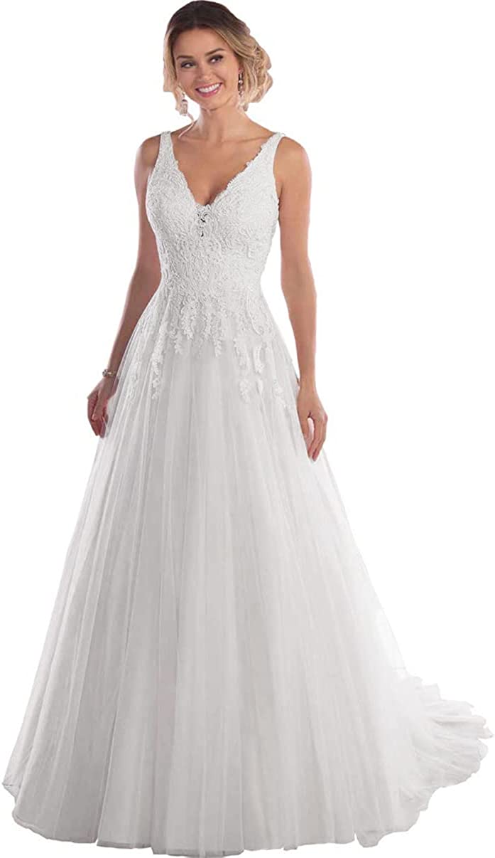 Women's Boho Wedding Dresses for Bride A-line V-Neck Lace Tulle Beach Bridal Gowns